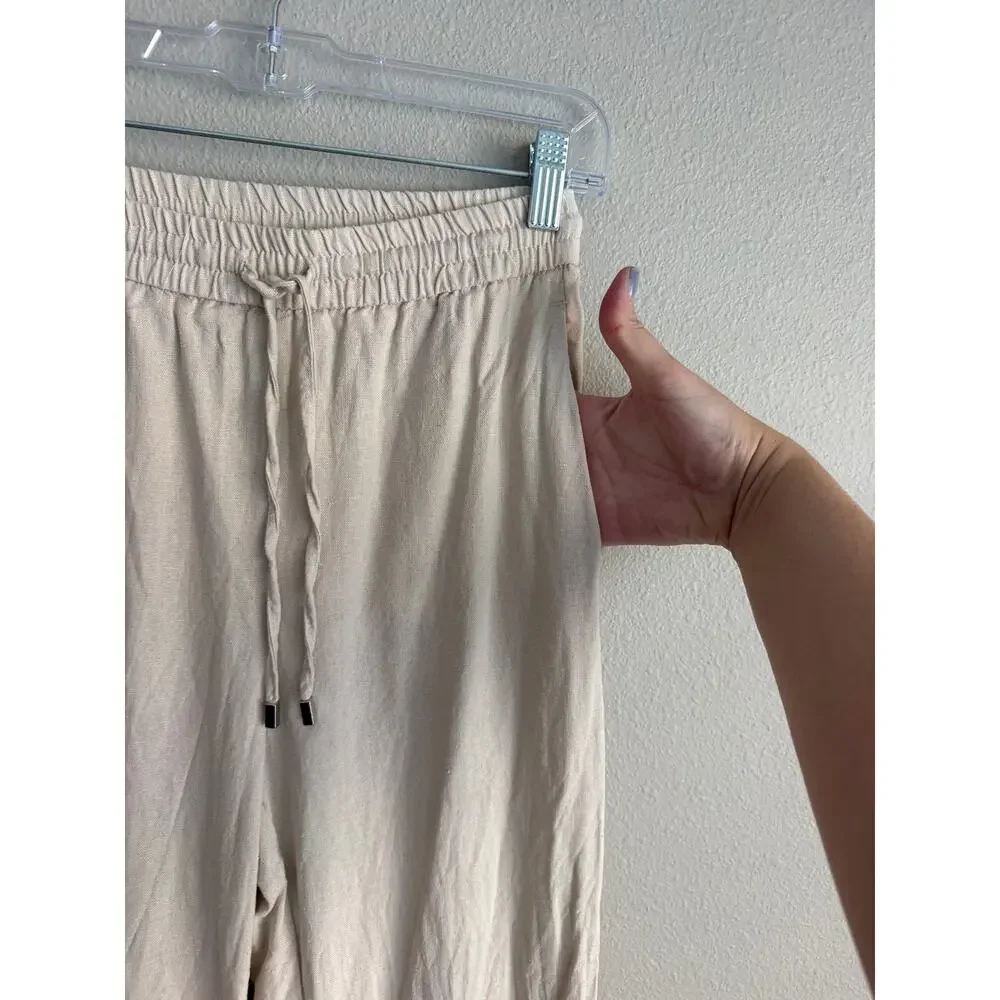 ZARA Women’s Sz M Linen Blend Wide Leg Pants Beige Tan Elastic Waist Drawstring